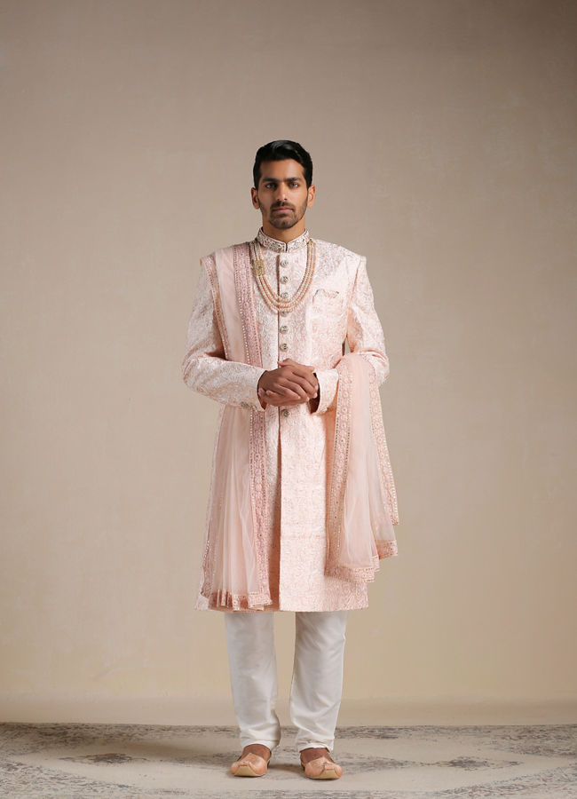 alt message - Manyavar Men Cherry Blossom Pink Floral Patterned Sherwani Set image number 2